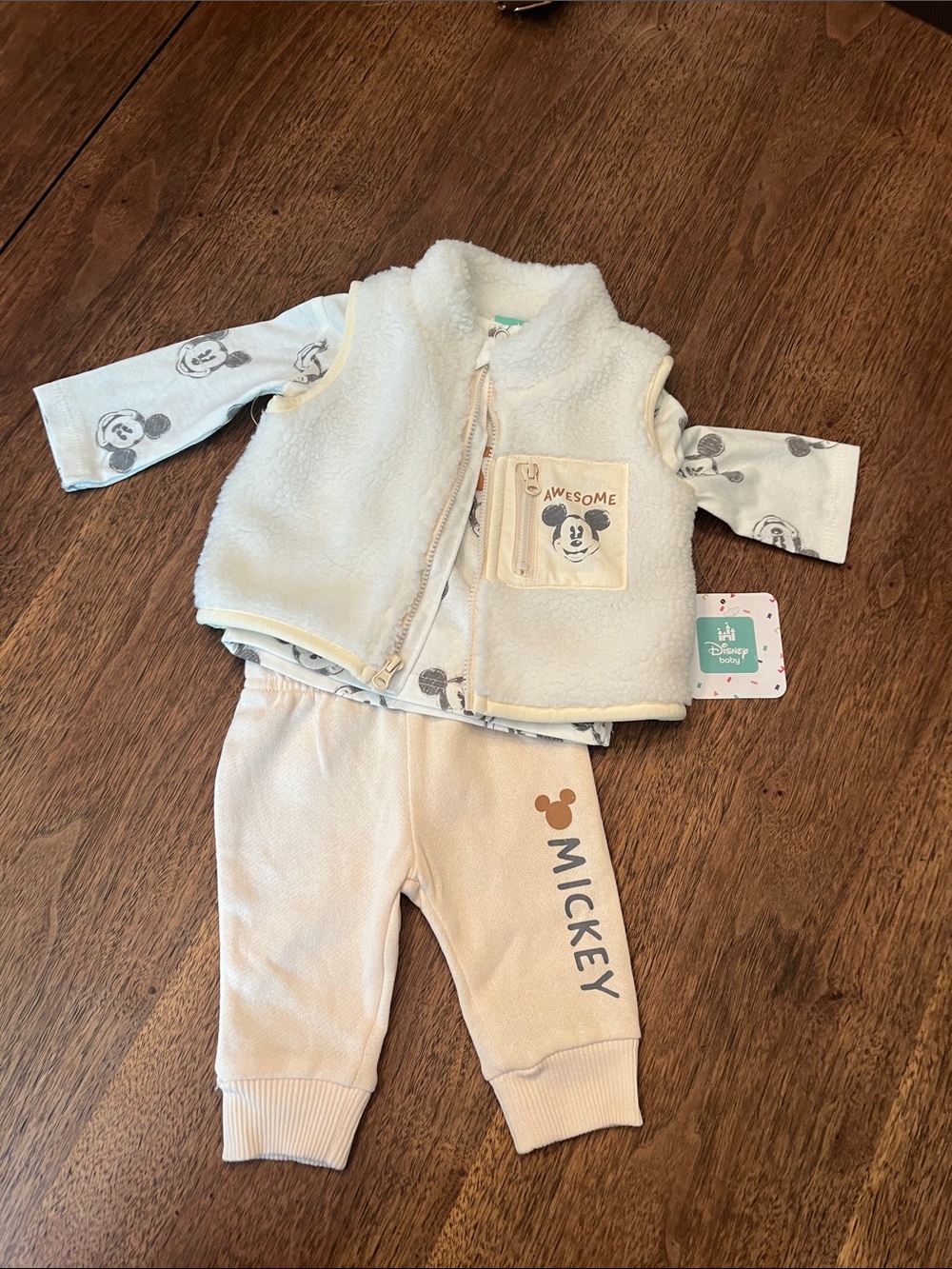 Disney Baby Cream & Light Blue Mickey 3-Piece Outfit